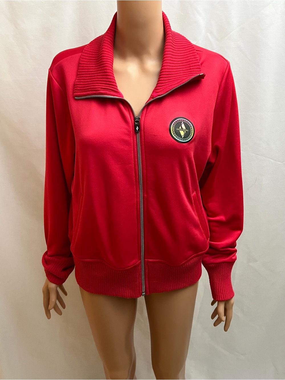 Skechers Women’s Full Zip Track Jacket Pink Ribbed Collar Logo Size Large